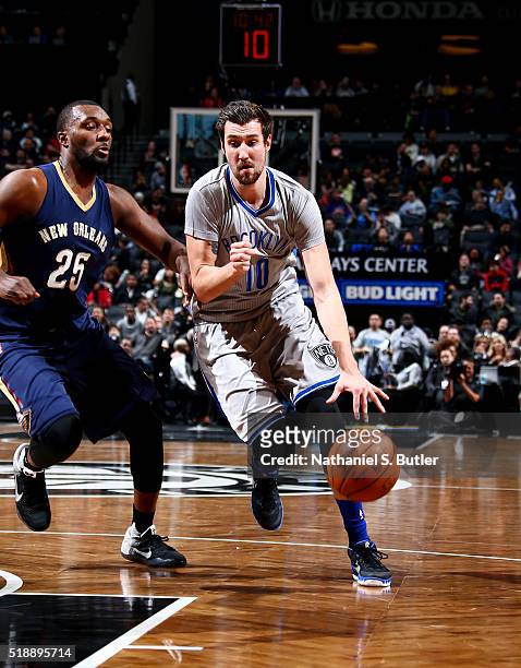 Sergey Karasev of the Brooklyn Nets handles the ball during the game against the New Orleans Pelicans on April 3, 2016 at Barclays Center in...