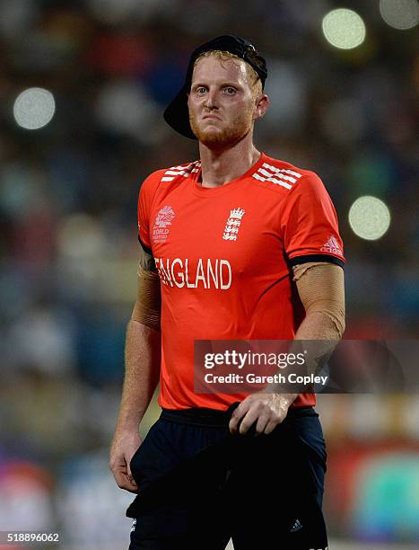 Ben Stokes of England reacts after losing the ICC World Twenty20 India 2016 Final between England and the West Indies at Eden Gardens on April 3,...