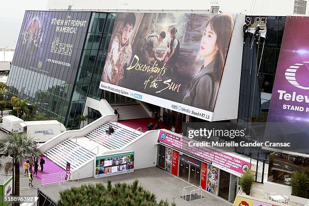 View of Palais des Festivals during MIP TV 2016 at JW Marriott on April 3 in Cannes, France.