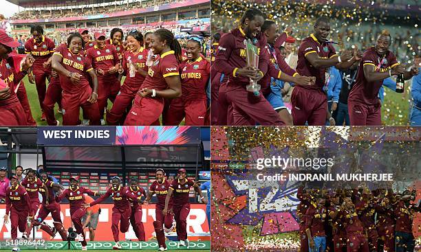 In this combination of pictures created on April 3 West Indies cricket players celebrate after winning the women's World T20 cricket tournament final...