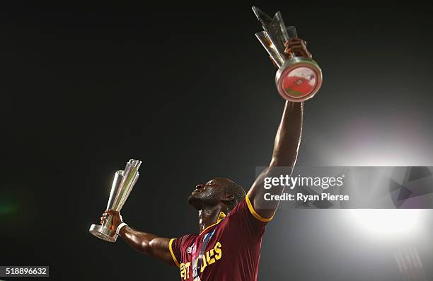 Darren Sammy, Captain of the West Indies celebrates victory during the ICC World Twenty20 India 2016 Final match between England and West Indies at...