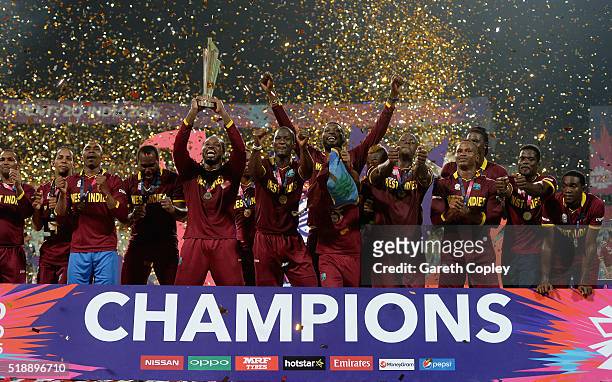The West Indies lift the ICC World T20 trophy after winning the ICC World Twenty20 India 2016 Final between England and the West Indies at Eden...