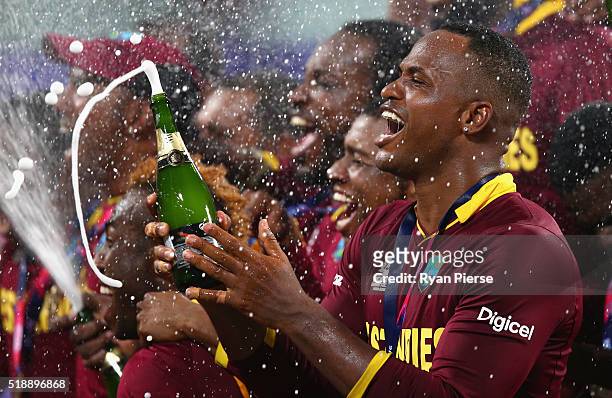 Marlon Samuels of the West Indies celebrates victory during the ICC World Twenty20 India 2016 Final match between England and West Indies at Eden...