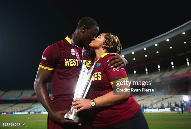 Carlos Brathwaite of the West Indies and his partner Jessica Felix celebrates victory after the ICC World Twenty20 India 2016 Final match between...