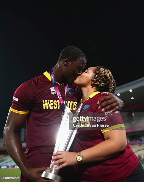 Carlos Brathwaite of the West Indies and his partner Jessica Felix celebrate victory after the ICC World Twenty20 India 2016 Final match between...
