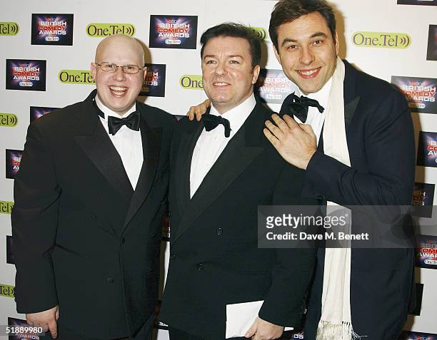 Comedians Matt Lucas, Ricky Gervais and David Walliams arrive at the "British Comedy Awards 2004" at London Television Studios on December 22, 2004...