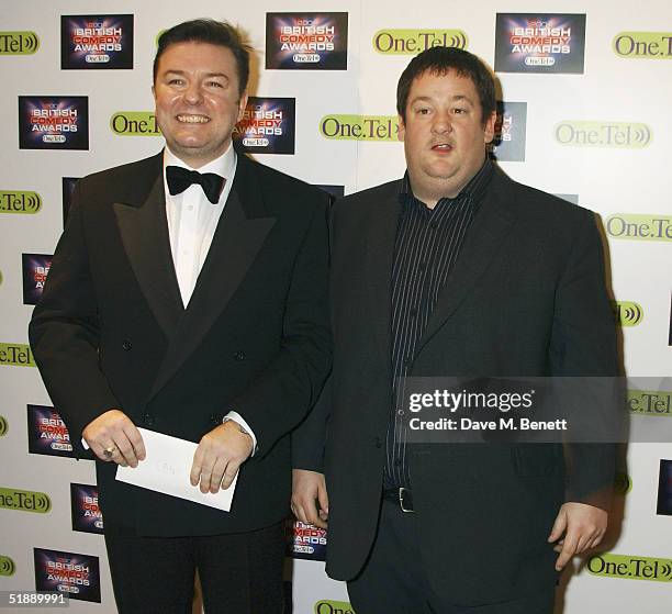 Comedians Ricky Gervais and Johnny Vegas arrive at the "British Comedy Awards 2004" at London Television Studios on December 22, 2004 in London....