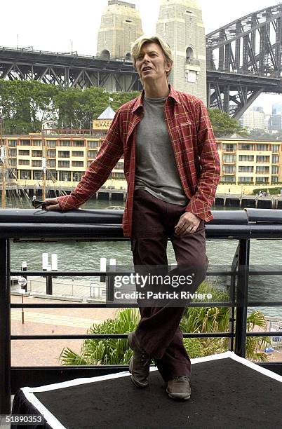 February 2004 - English singer David Bowie attends a photocall for his "Reality Tour" at the Quay Restaurant in Sydney, Australia.