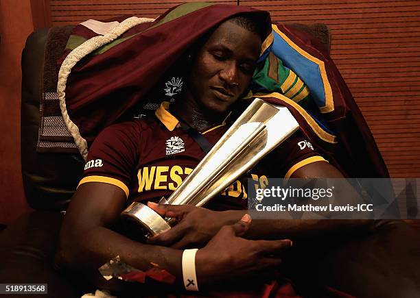 Darren Sammy, Captain of the West Indies celebrates his teams win after defeating England during the ICC World Twenty20 India 2016 Final between...