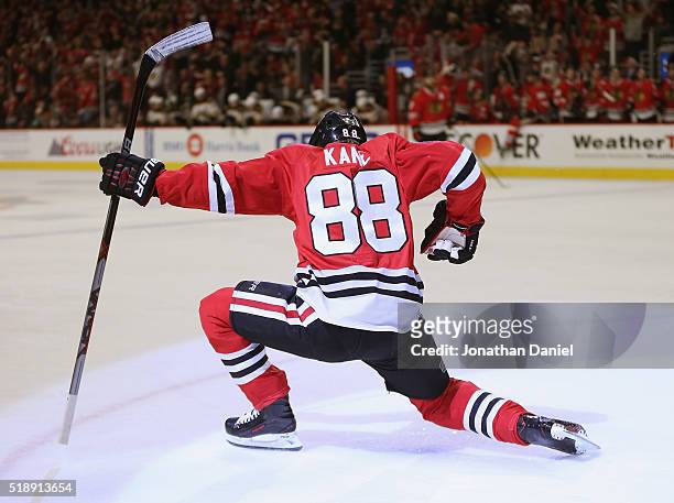 Patrick Kane of the Chicago Blackhawks celebrates after scoring his third goal of the game in the second period against the Boston Bruins at the...