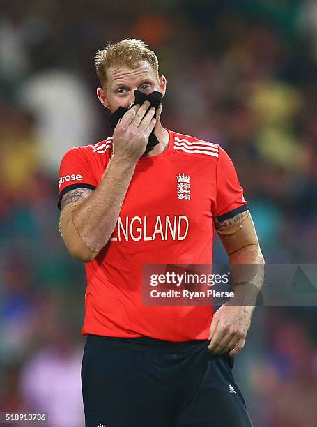 Ben Stokes of England reacts while bowling the last over during the ICC World Twenty20 India 2016 Final match between England and West Indies at Eden...