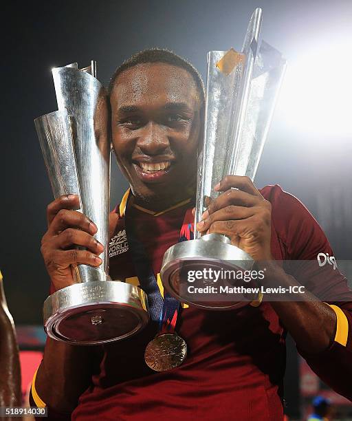 Dwayne Bravo of the West Indies celebrates his teams win after defeating England during the ICC World Twenty20 India 2016 Final between England and...