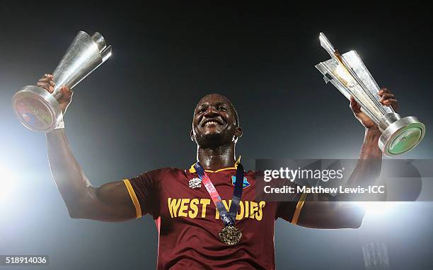 Darren Sammy, Captain of the West Indies celebrates his teams win after defeating England during the ICC World Twenty20 India 2016 Final between...