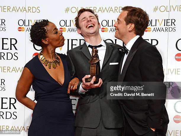 Tom Gibbons , winner of the Best Sound Design award for "People, Places and Things", poses with presenters Noma Dumezweni and Stephen Campbell Moore...