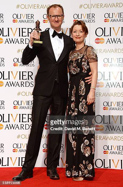 Mark Gatiss, winner of the Best Actor In A Supporting Role award for "Three Days In The Country", and presenter Lesley Manville pose in the Winners...