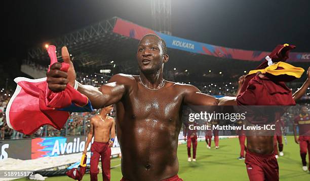 Darren Sammy, Captain of the West Indies celebrates his teams win after defeating England during the ICC World Twenty20 India 2016 Final between...