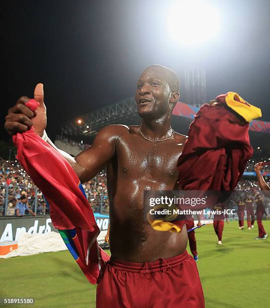 Darren Sammy, Captain of the West Indies celebrates his teams win after defeating England during the ICC World Twenty20 India 2016 Final between...