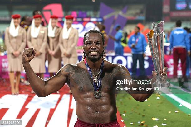Chris Gayle of the West Indies celebrate during the ICC World Twenty20 India 2016 final match between England and West Indies at Eden Gardens on...