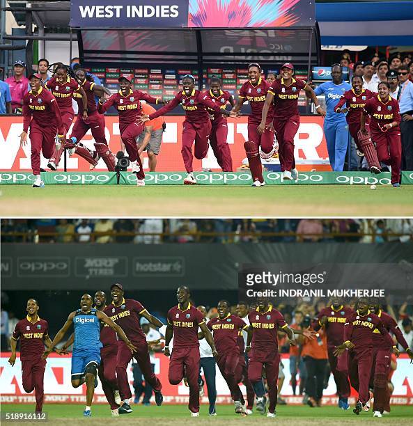 This combination of photographs created on April 3 shows the West Indies women's team and men's team as they run onto the field after victory in...