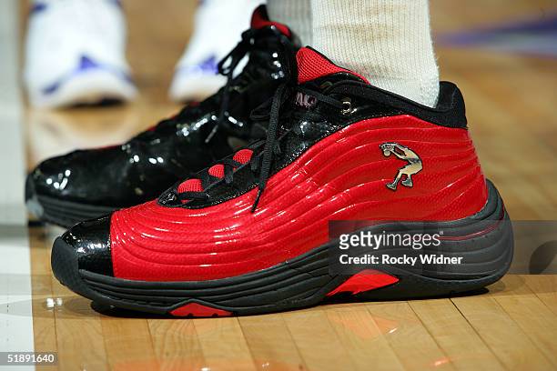 Closeup of Shaquille O'Neal's 32# of the Miami Heat size 22 shoes were a sight for Sacramento Kings fans on December 23 at Arco Arena in Sacramento,...