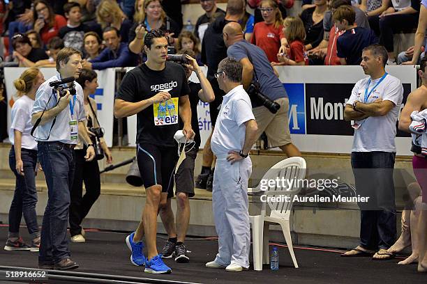 Florent Manaudou of France reacts after his victory in the 50m Men's freestyle final on day six of the French National Swimming Championships on...