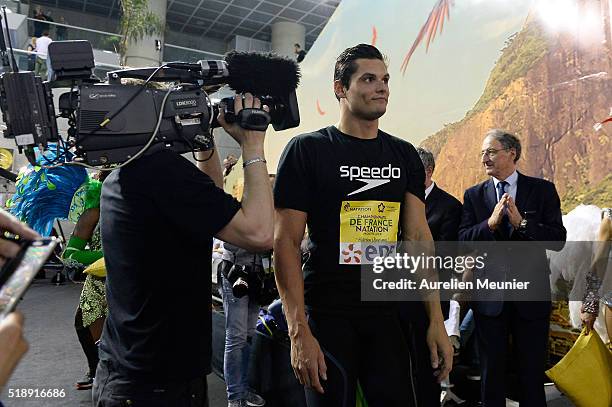 Florent Manaudou of France reacts after his victory in the 50m Men's freestyle final on day six of the French National Swimming Championships on...