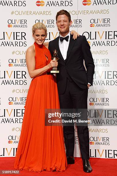 Denise Gough , winner of the Best Actress award for "People, Places and Things", and presenter James Norton pose in the Winners Room at The Olivier...