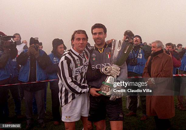 Antonio Conte and Michelangelo Rampulla of FC Juventus celebrate at the end of Italian Supercup match between Juventus and Parma at Stadio Delle Alpi...