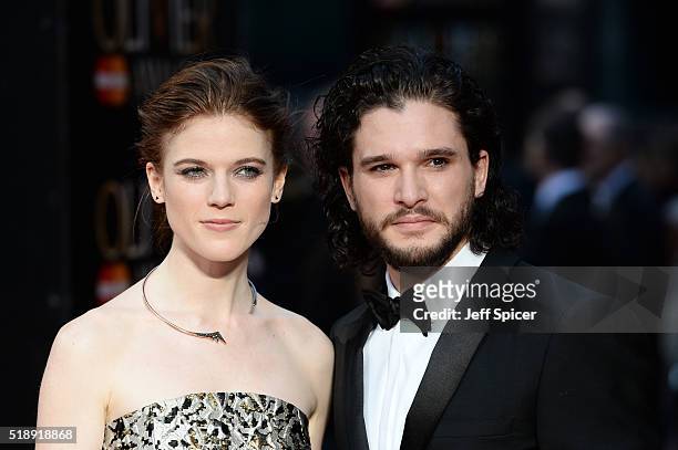Rose Leslie and Kit Harington attend The Olivier Awards with Mastercard at The Royal Opera House on April 3, 2016 in London, England.