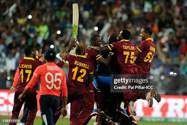 Team West Indies celebrate after winning the winnign run during ICC World Twenty20 India 2016 Final match between England and West Indies on April...