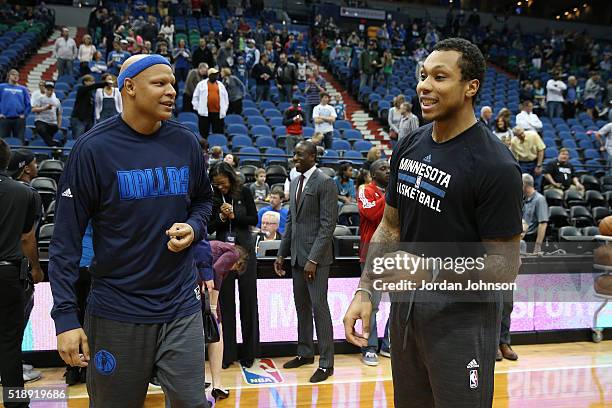 Charlie Villanueva of the Dallas Mavericks and Greg Smith of the Minnesota Timberwolves are seen before the game on April 3 2016 at Target Center in...