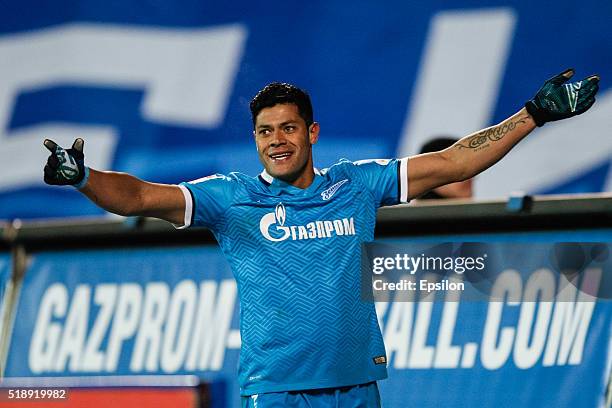 Hulk of FC Zenit St. Petersburg celebrates his goal during the Russian Football League match between FC Zenit St. Petersburg and PFC CSKA Moscow at...