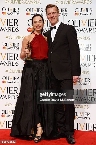 Alessandra Ferri , winner of the Outstanding Achievement in Dance award for Cheri and Woolf Works, and presenter Adam Cooper pose in the Winners Room...