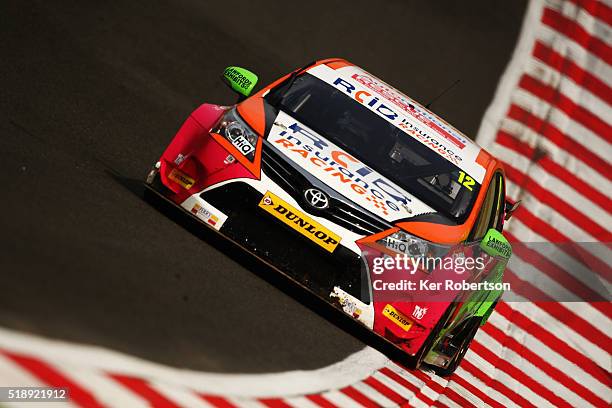 Michael Epps of RCIB Insurance Racing Toyota drives during race one of the Dunlop MSA British Touring Car Championship at Brands Hatch on April 3,...