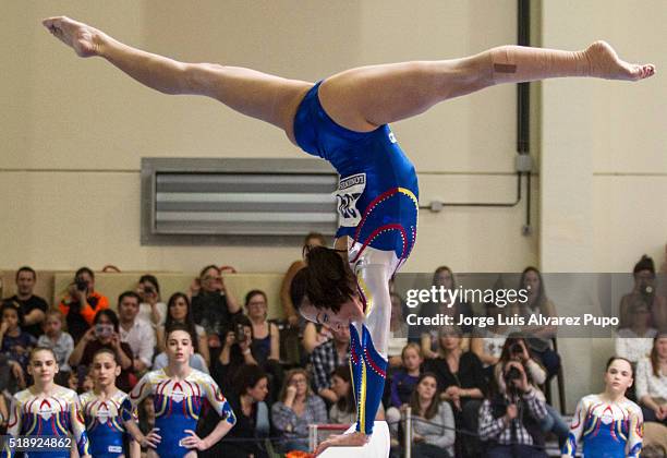 Ctlina Ponor of Romania competes in the balance beam during Match International Women's Artistic Gymnastics at Complexe Sportif Site Motte in...