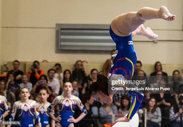 Ctlina Ponor of Romania competes in the balance beam during Match International Women's Artistic Gymnastics at Complexe Sportif Site Motte in...