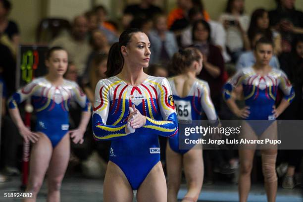 Ctlina Ponor of Romania looks on prior the balance beam competition during Match International Women's Artistic Gymnastics at Complexe Sportif Site...