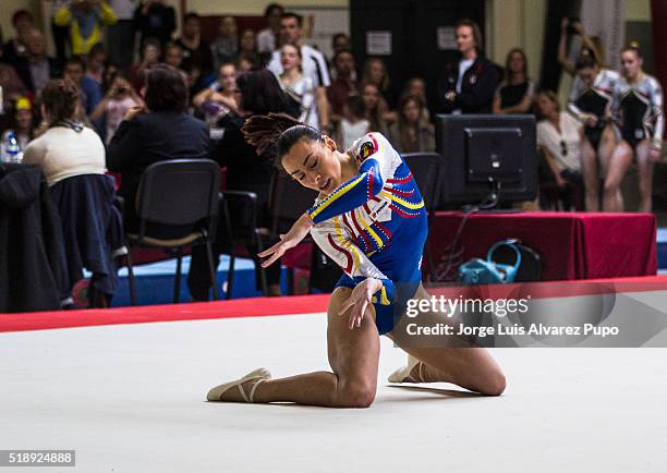 Ctlina Ponor of Romania competes in the Floor during Match International Women's Artistic Gymnastics at Complexe Sportif Site Motte in Mouscron,...