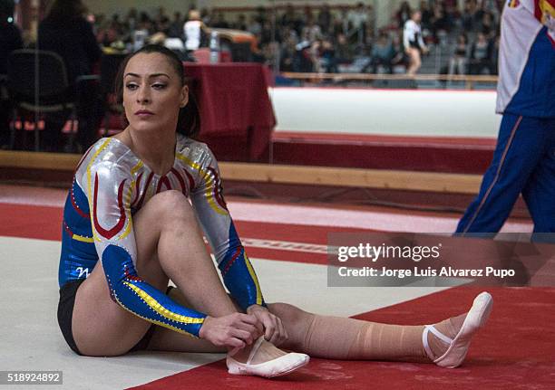 Ctlina Ponor of Romania looks on after the balance beam during Match International Women's Artistic Gymnastics at Complexe Sportif Site Motte in...