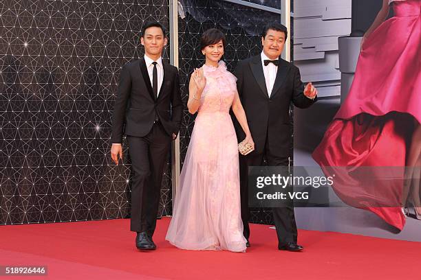 Actress Angie Chiu and her husband Melvin Wong and son Wesley Wong arrive at the red carpet of the 35th Hong Kong Film Awards on April 3, 2016 in...