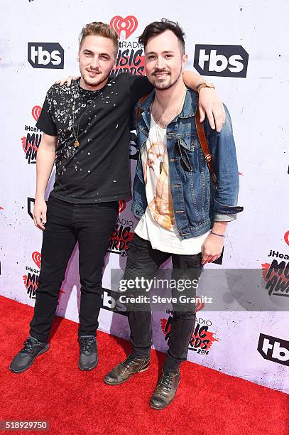 Recording artists Kendall Schmidt and Dustin Belt attend the iHeartRadio Music Awards at The Forum on April 3, 2016 in Inglewood, California.