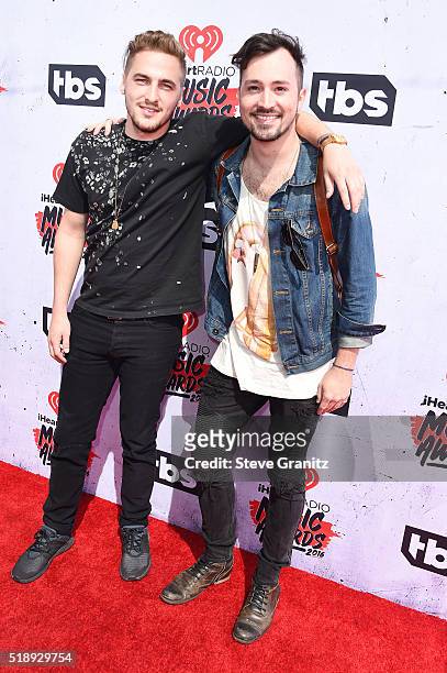 Recording artists Kendall Schmidt and Dustin Belt attend the iHeartRadio Music Awards at The Forum on April 3, 2016 in Inglewood, California.