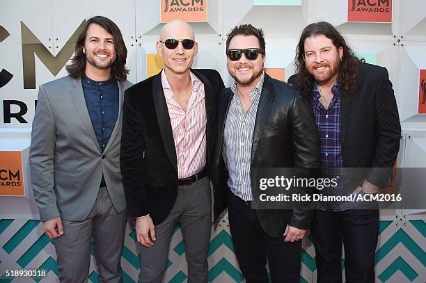 Recording artists Chris Thompson, Jon Jones, Mike Eli and James Young of music group Eli Young Band attend the 51st Academy of Country Music Awards...