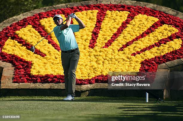 Jim Herman of the United States hits his tee shot on the 18th hole during the final round of the Shell Houston Open at the Golf Club of Houstonon...