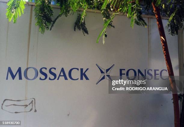 View of a sign outside the building where Panama-based Mossack Fonseca law firm offices are placed in Panama City on April 3, 2016. A massive leak...