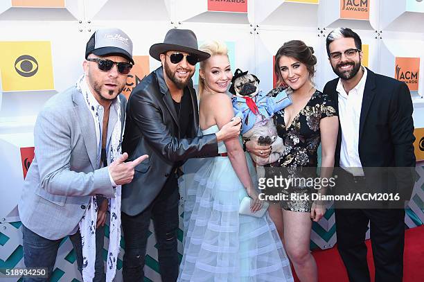 Recording artists Chris Lucas and Preston Brust of LOCASH, RaeLynn, Doug the Pug and owner Leslie Mosier and guest attend the 51st Academy of Country...