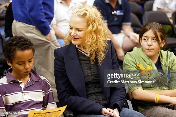 Actress Nicole Kidman and her children Connor and Isabella attend a game between the Los Angeles Lakers and the Miami Heat at the Staples Center...
