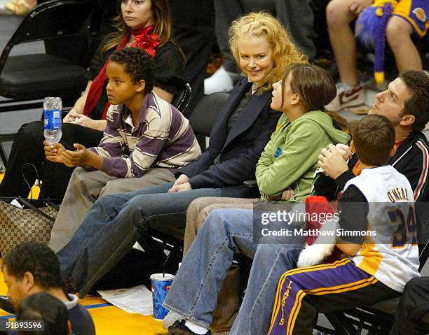 Actress Nicole Kidman and her children Connor and Isabella attend a game between the Los Angeles Lakers and the Miami Heat at the Staples Center...