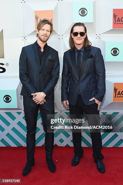 Recording artists Brian Kelley and Tyler Hubbard of Florida Georgia Line attend the 51st Academy of Country Music Awards at MGM Grand Garden Arena on...
