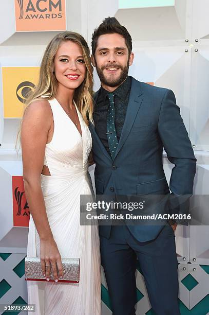 Lauren Gregory and recording artist Thomas Rhett attend the 51st Academy of Country Music Awards at MGM Grand Garden Arena on April 3, 2016 in Las...